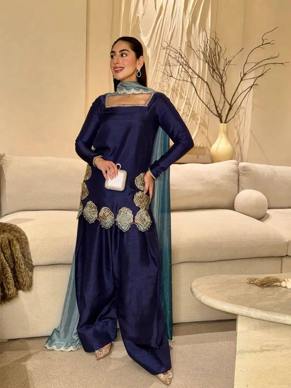 Navy Blue Natural Crepe Farshi Salwar Set with Thread Sequence Work and Chinon Silk Dupatta