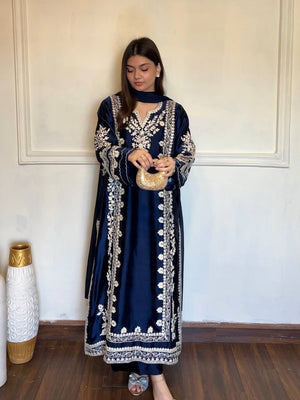 Navy Embroidered Kaftan Suit