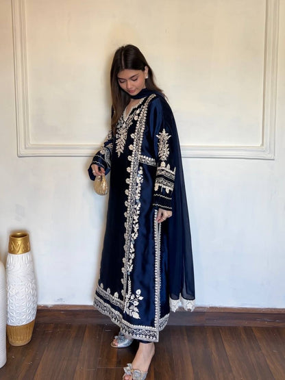 Navy Embroidered Kaftan Suit