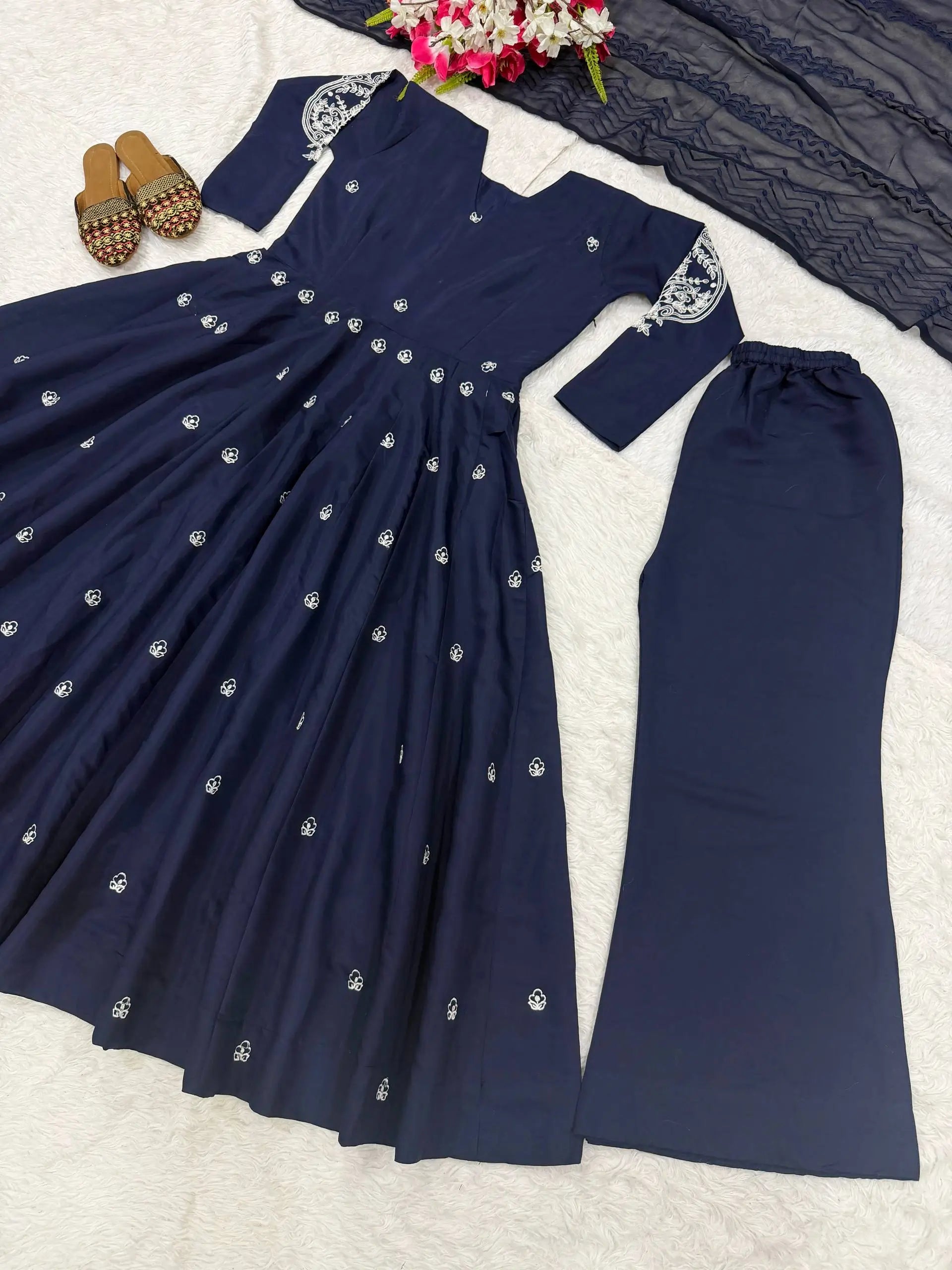 Navy Floral Anarkali Palazzo Set