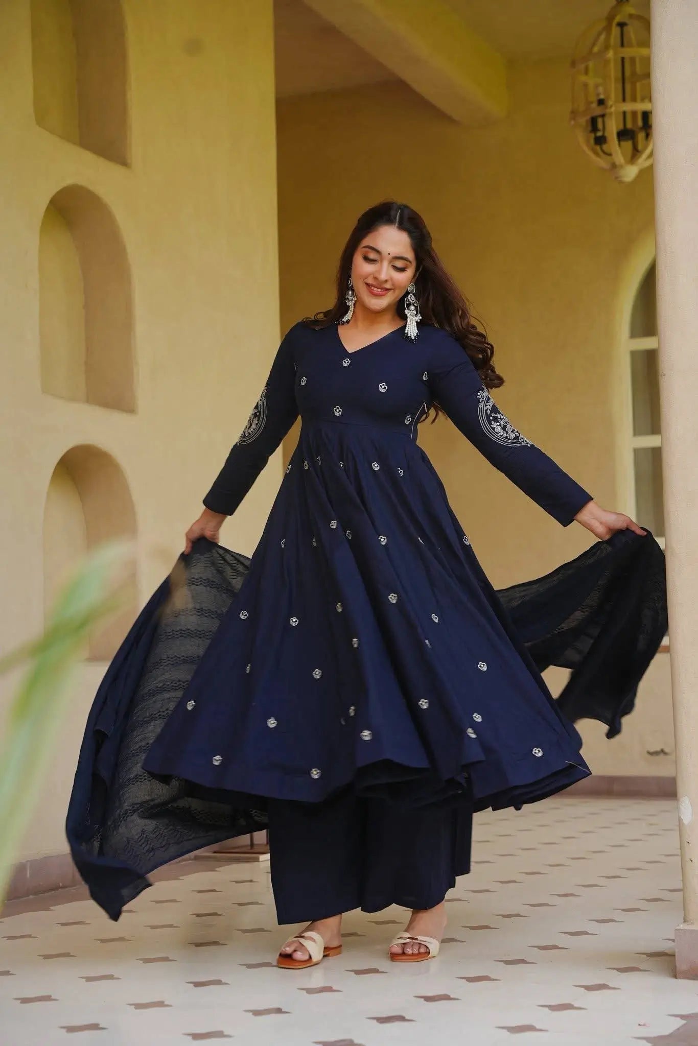 Navy Floral Anarkali Palazzo Set
