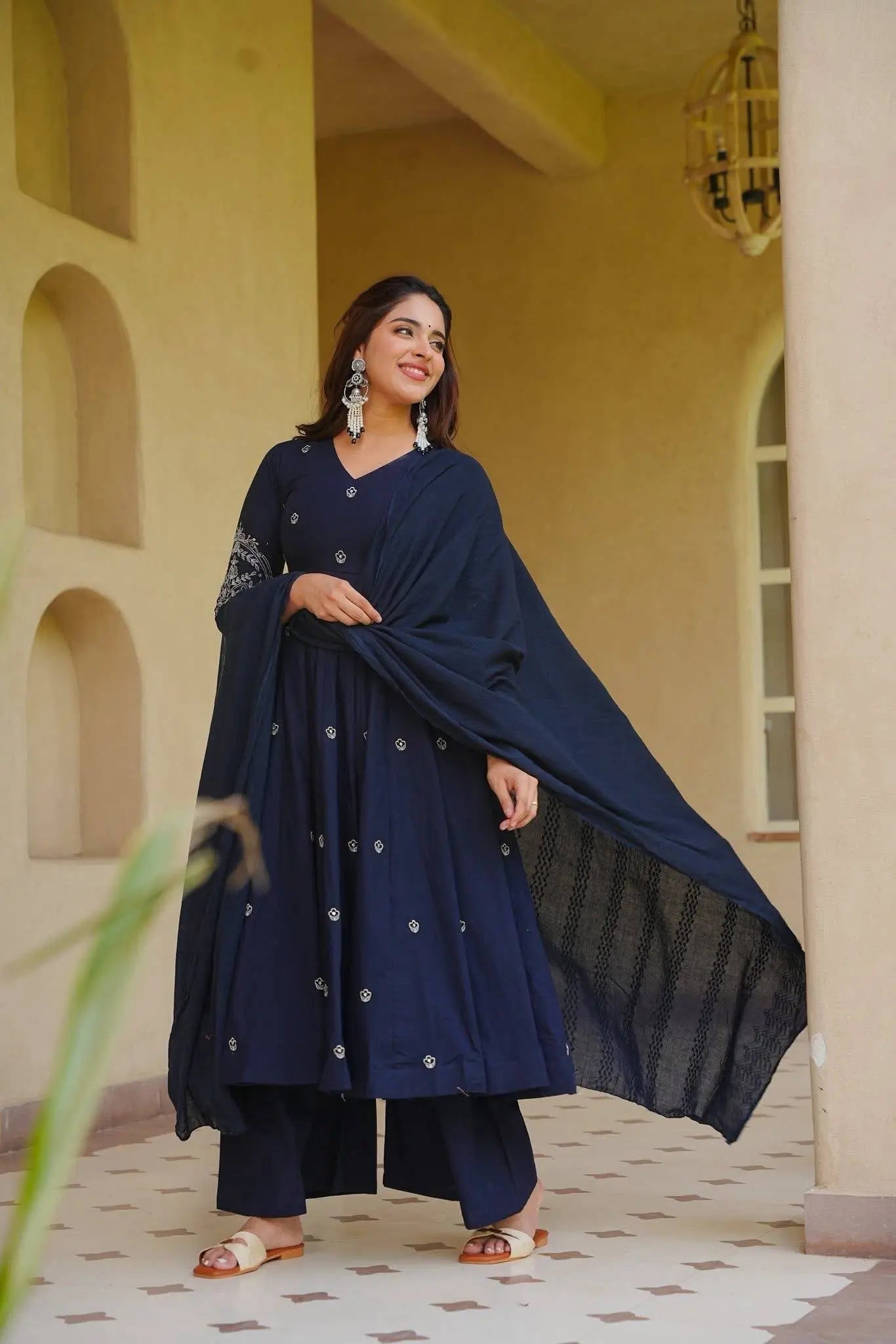 Navy Floral Anarkali Palazzo Set