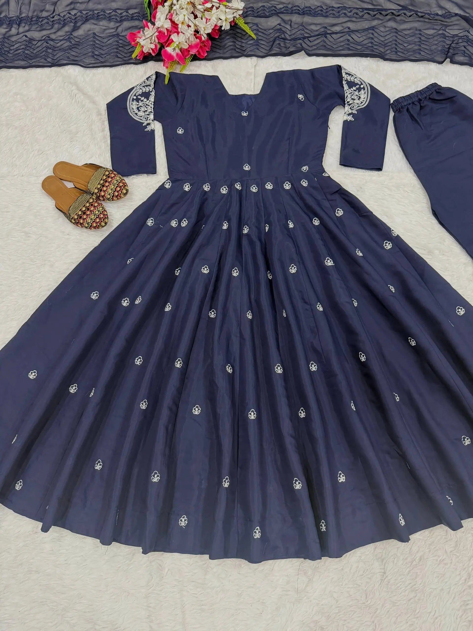 Navy Floral Anarkali Palazzo Set