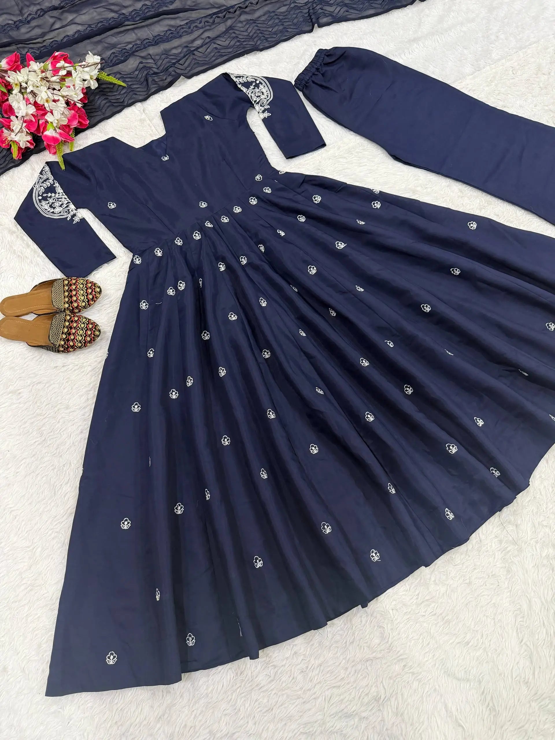 Navy Floral Anarkali Palazzo Set