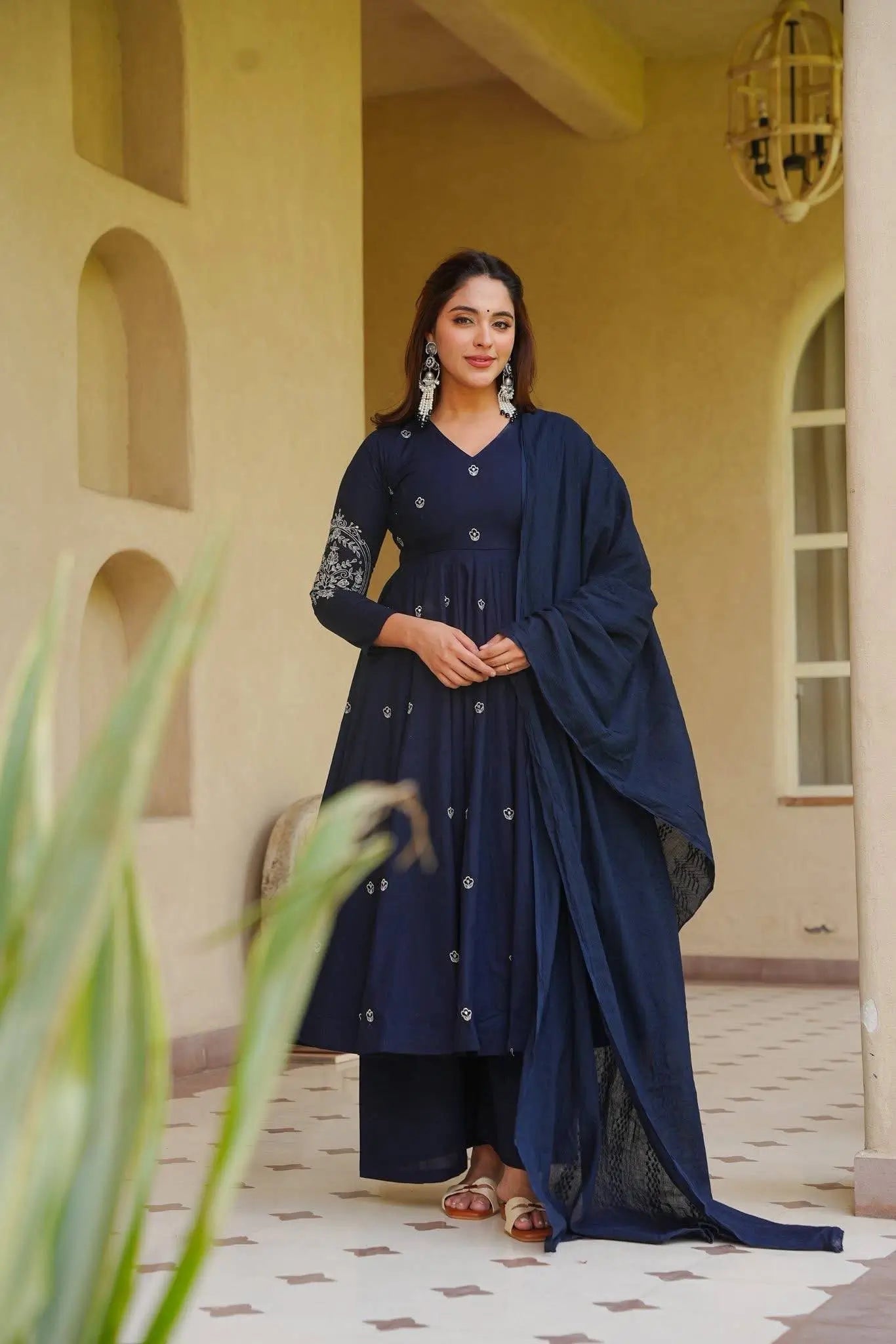 Navy Floral Anarkali Palazzo Set