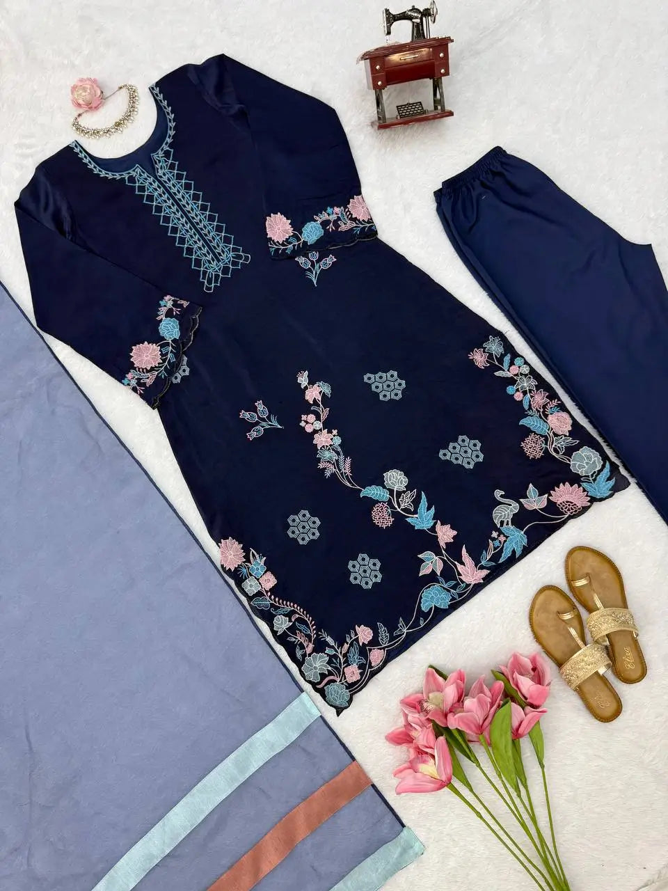Navy Floral Threadwork Kaftan