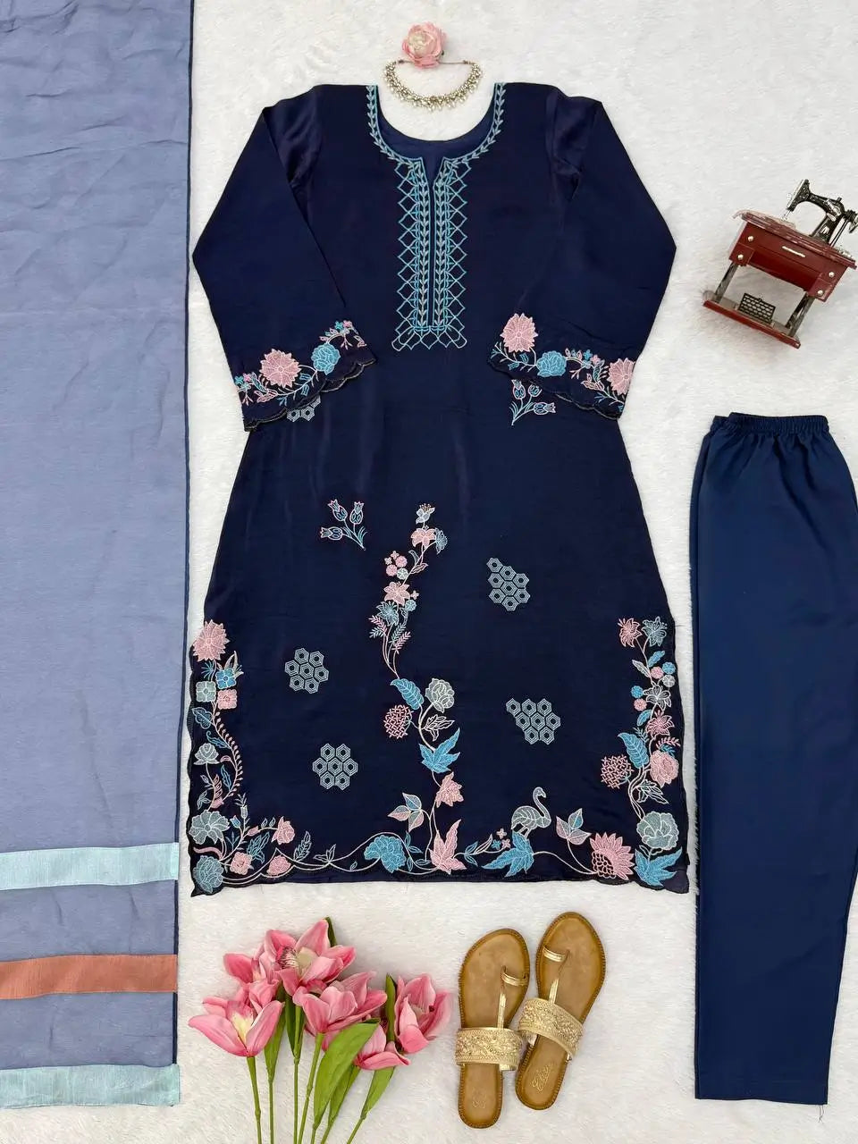 Navy Floral Threadwork Kaftan
