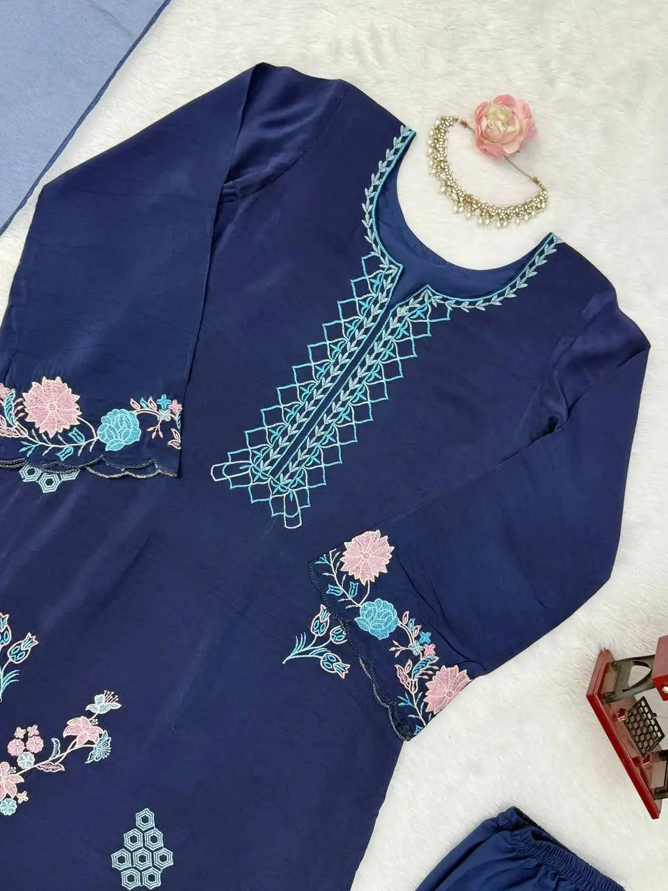 Navy Floral Threadwork Kaftan