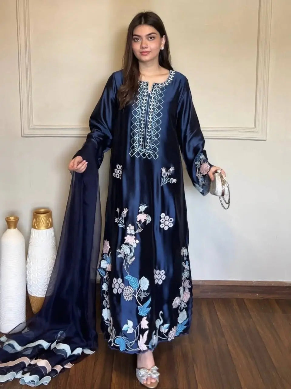 Navy Floral Threadwork Kaftan