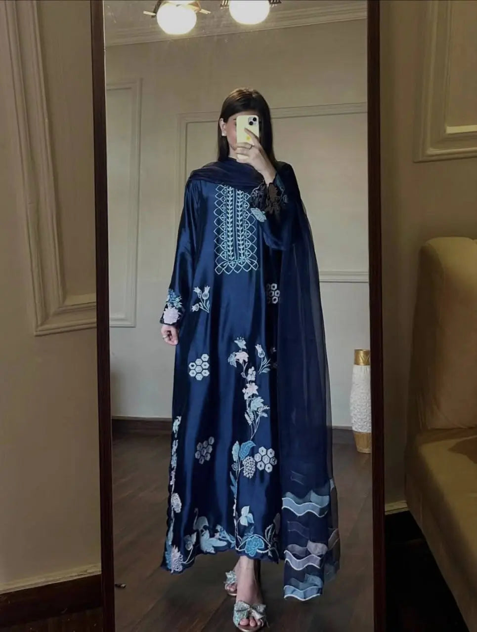 Navy Floral Threadwork Kaftan