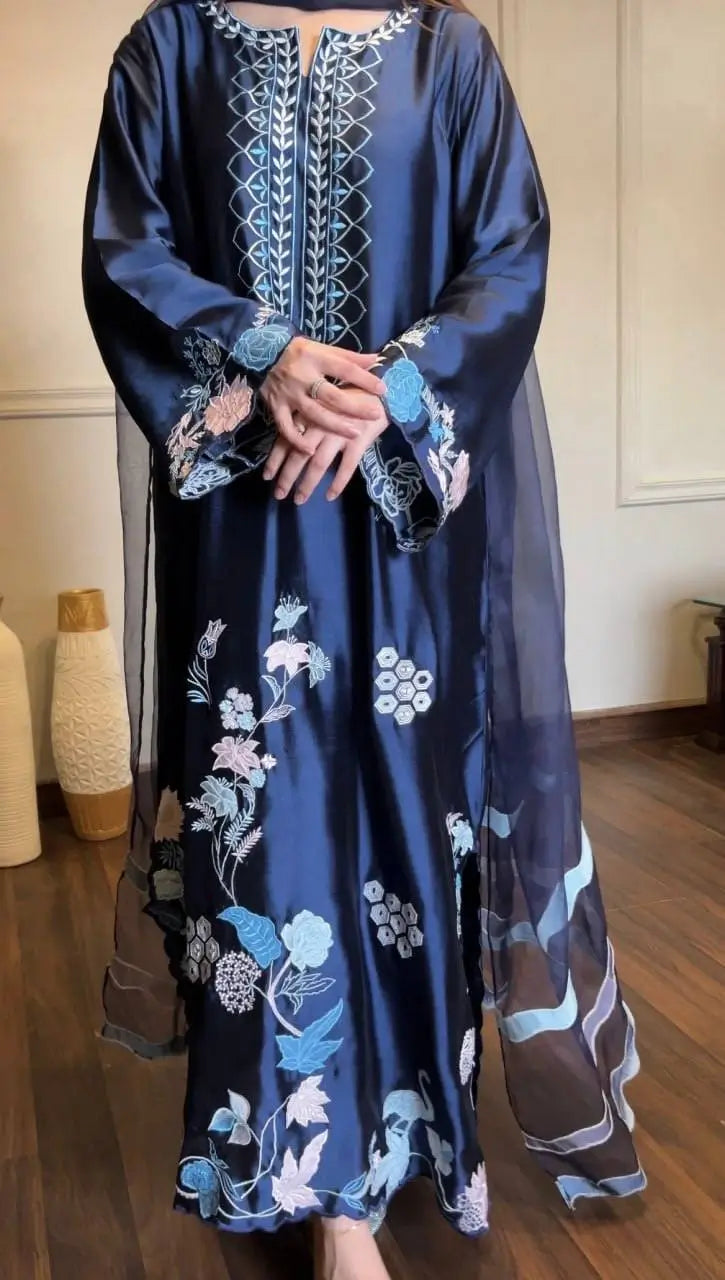 Navy Floral Threadwork Kaftan