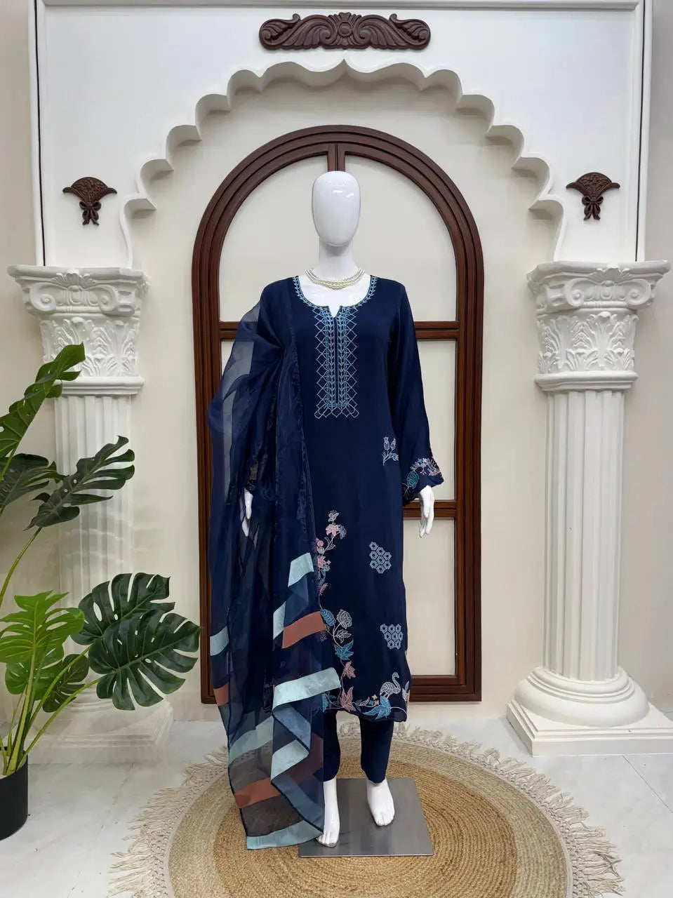 Navy Floral Threadwork Kaftan