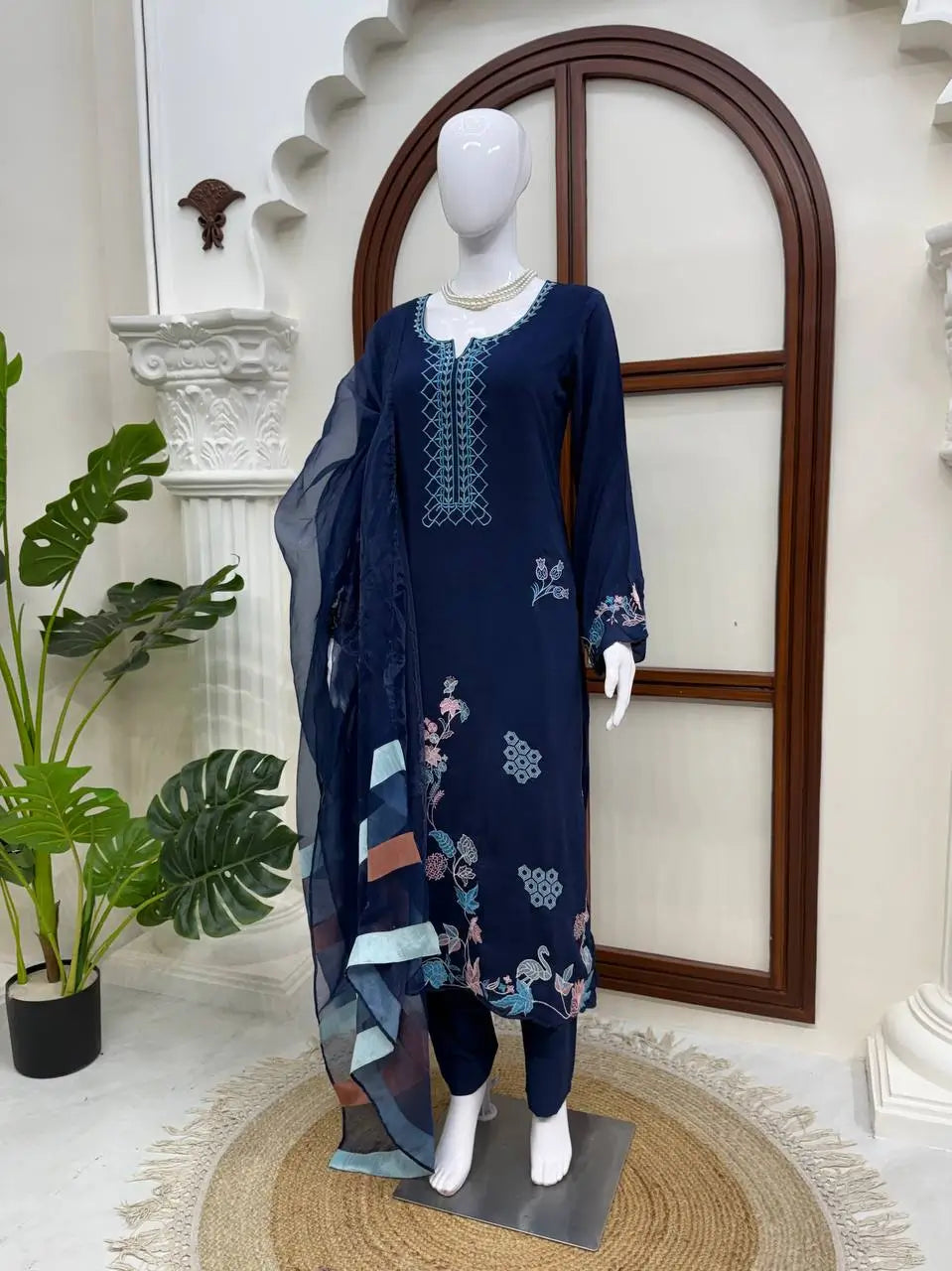 Navy Floral Threadwork Kaftan
