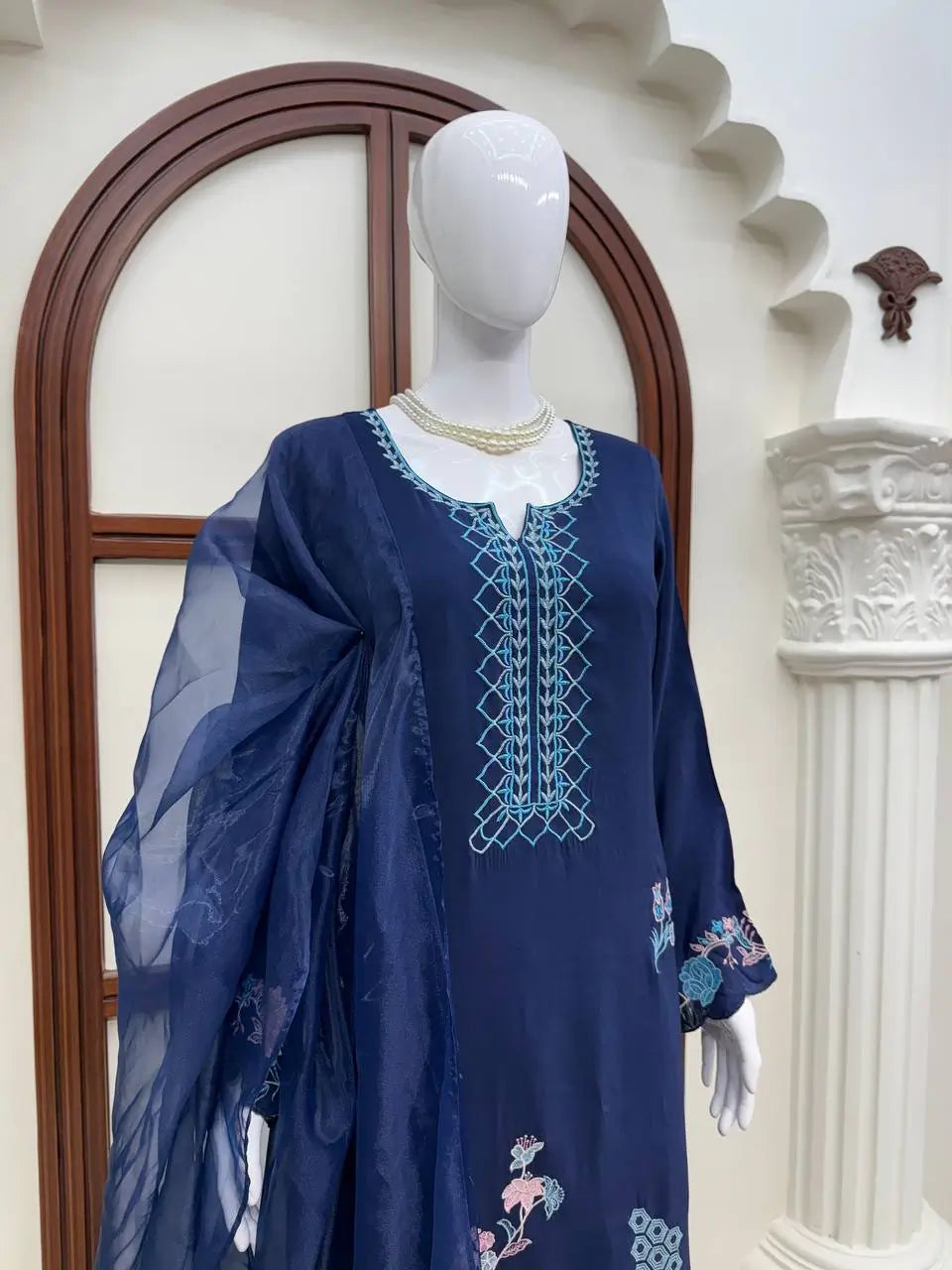 Navy Floral Threadwork Kaftan