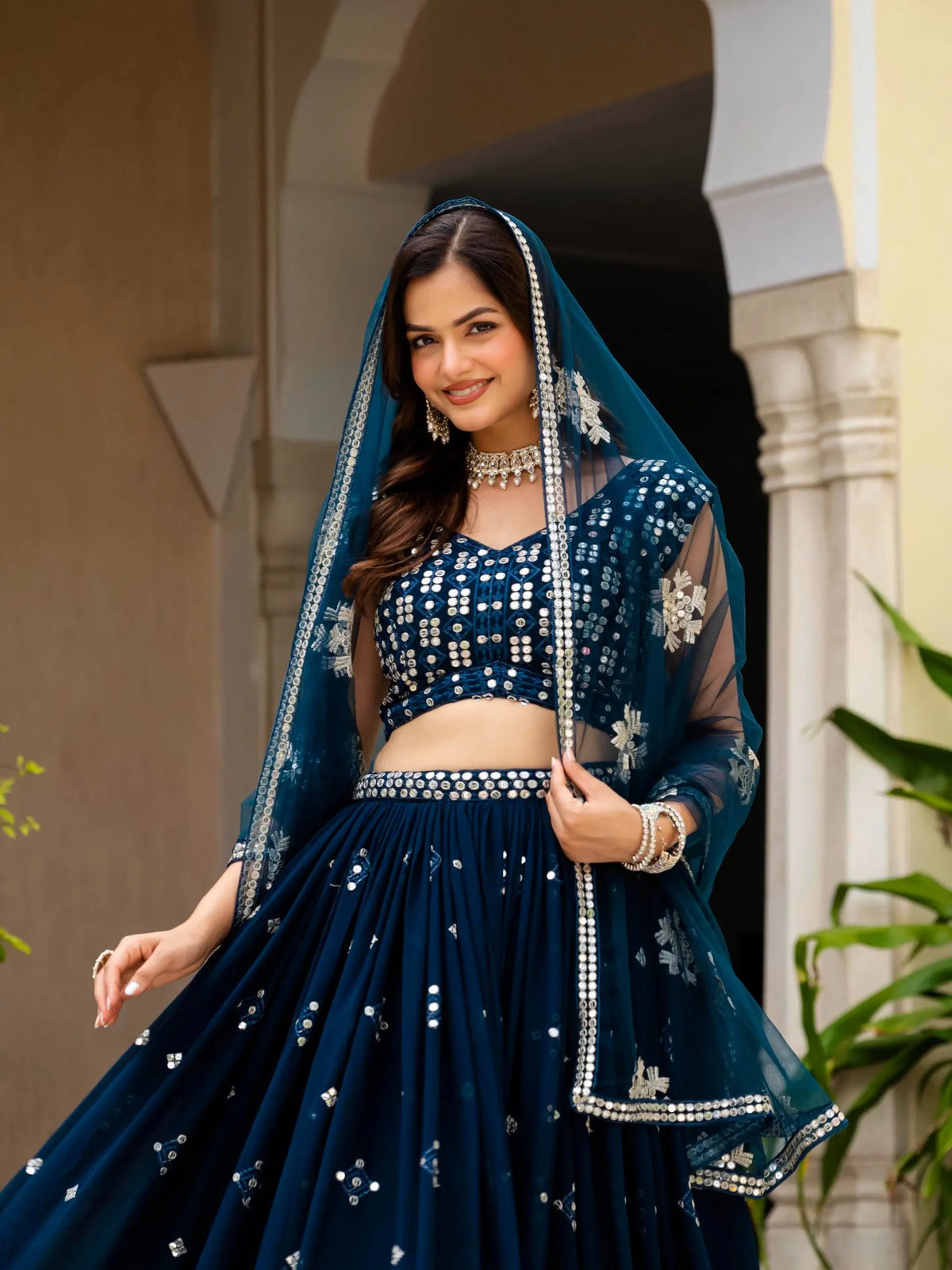 Navy Georgette Lehenga With Mirror Sequin Work