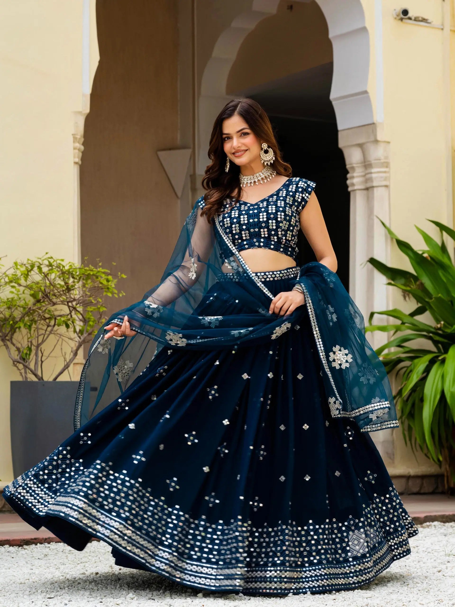 Navy Georgette Lehenga With Mirror Sequin Work