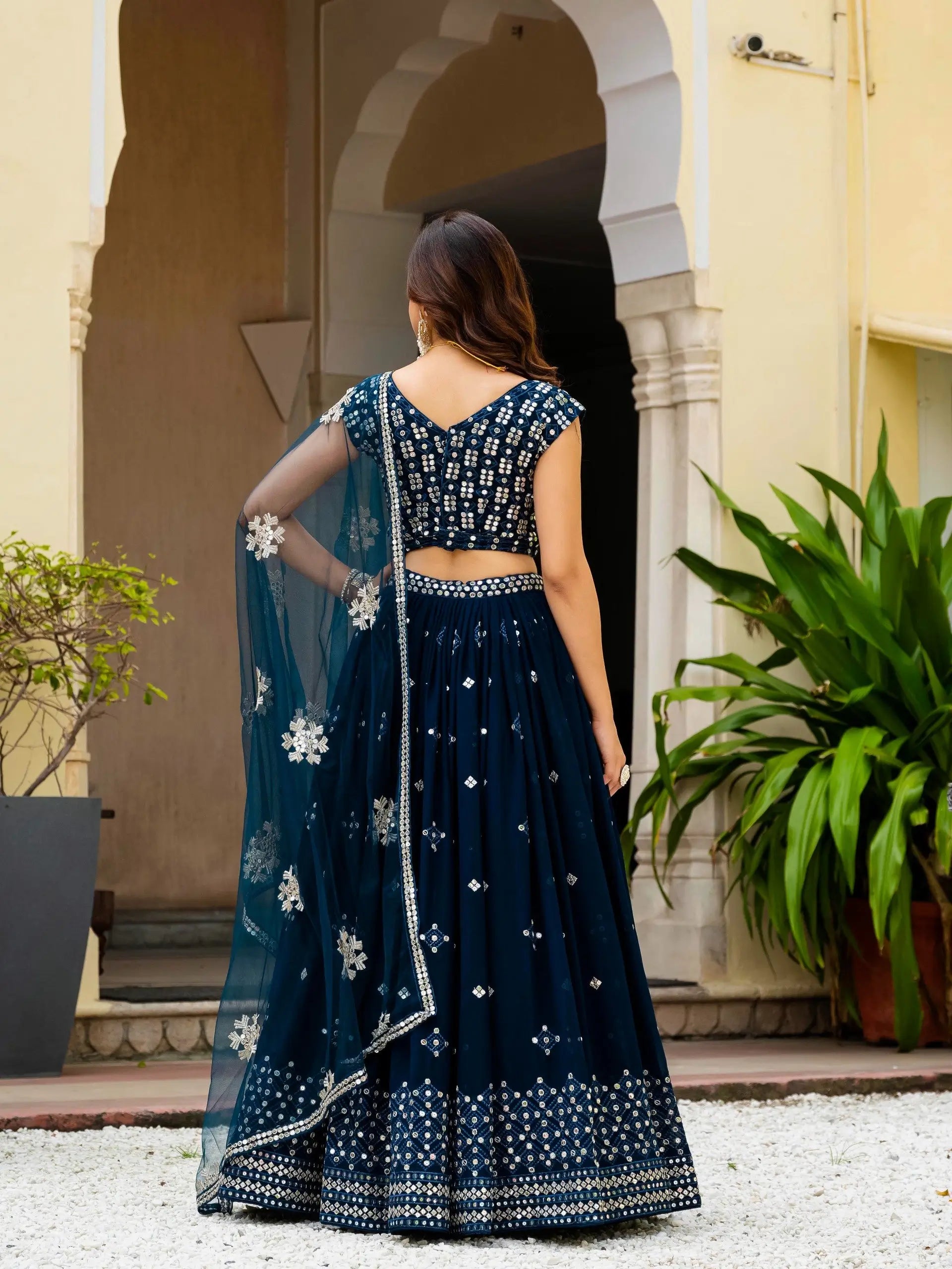Navy Georgette Lehenga With Mirror Sequin Work