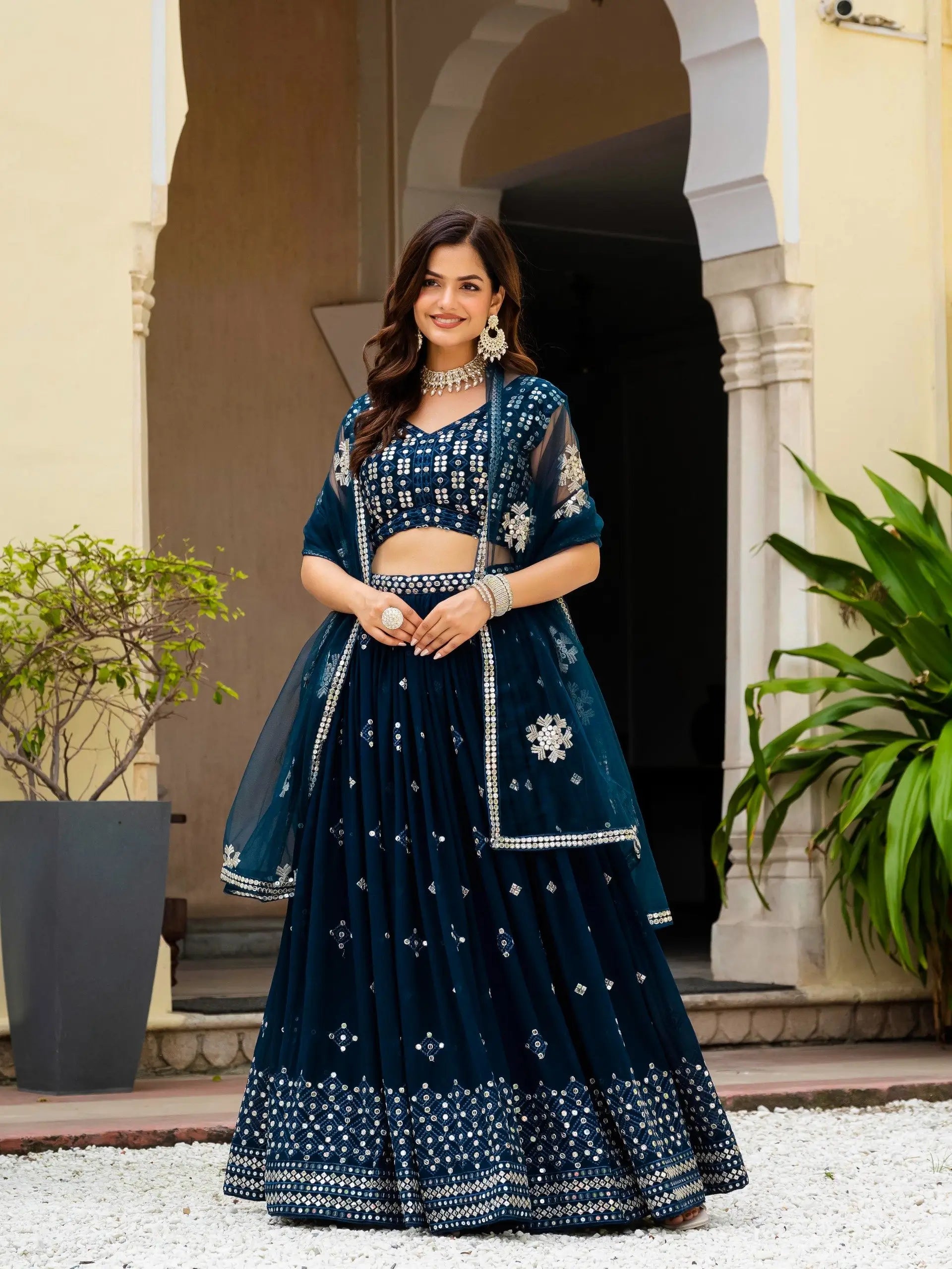 Navy Georgette Lehenga With Mirror Sequin Work