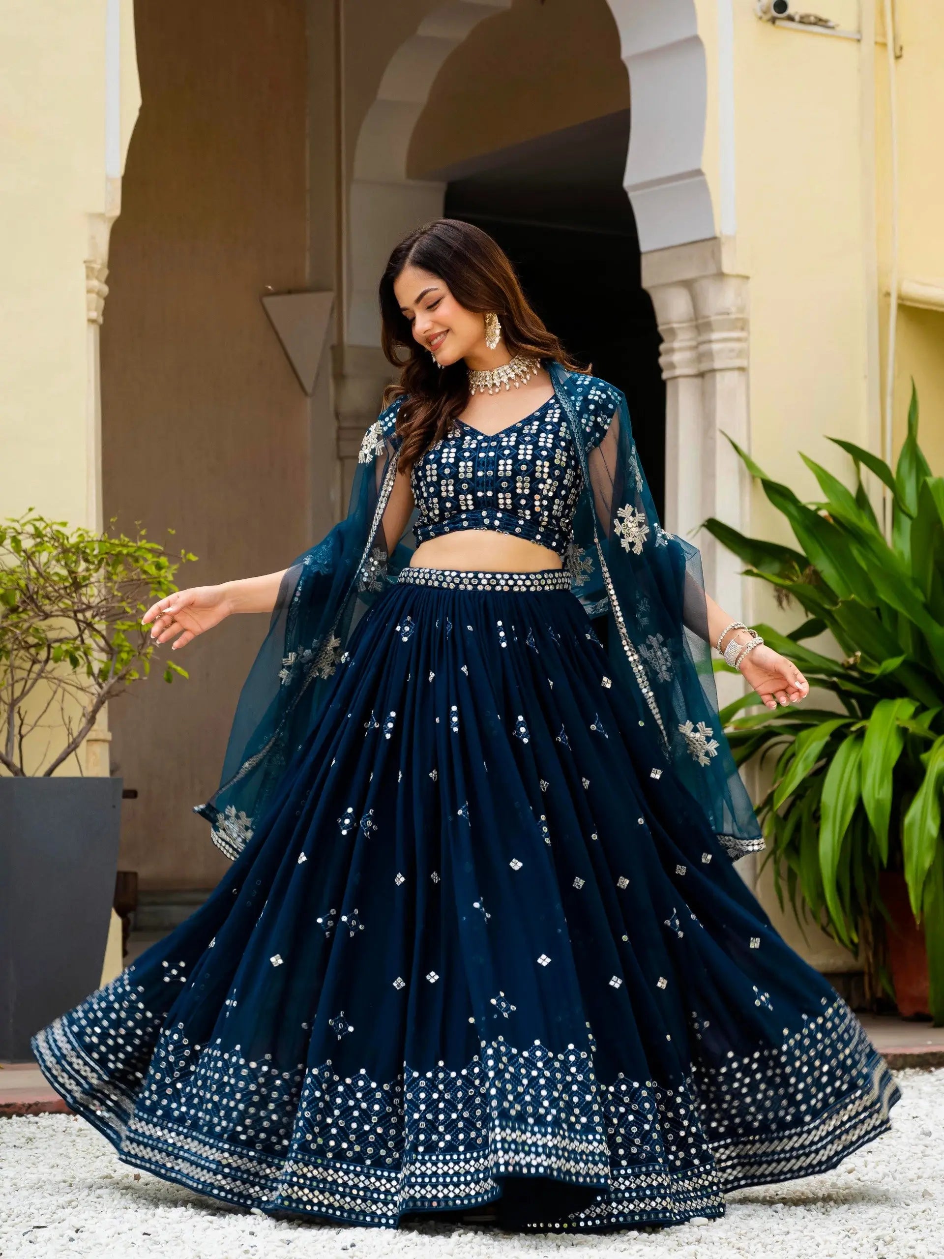 Navy Georgette Lehenga With Mirror Sequin Work