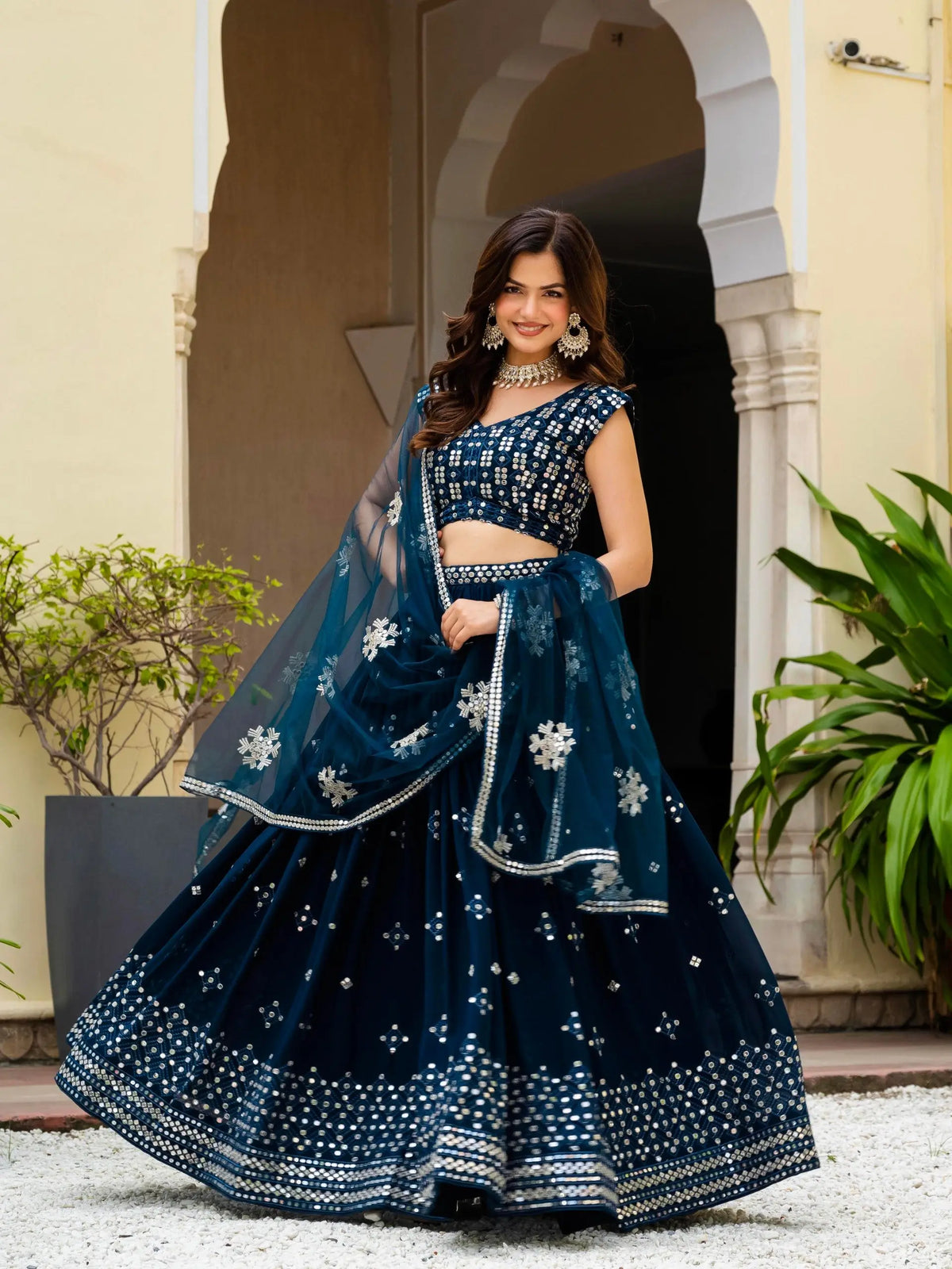 Navy Georgette Lehenga With Mirror Sequin Work