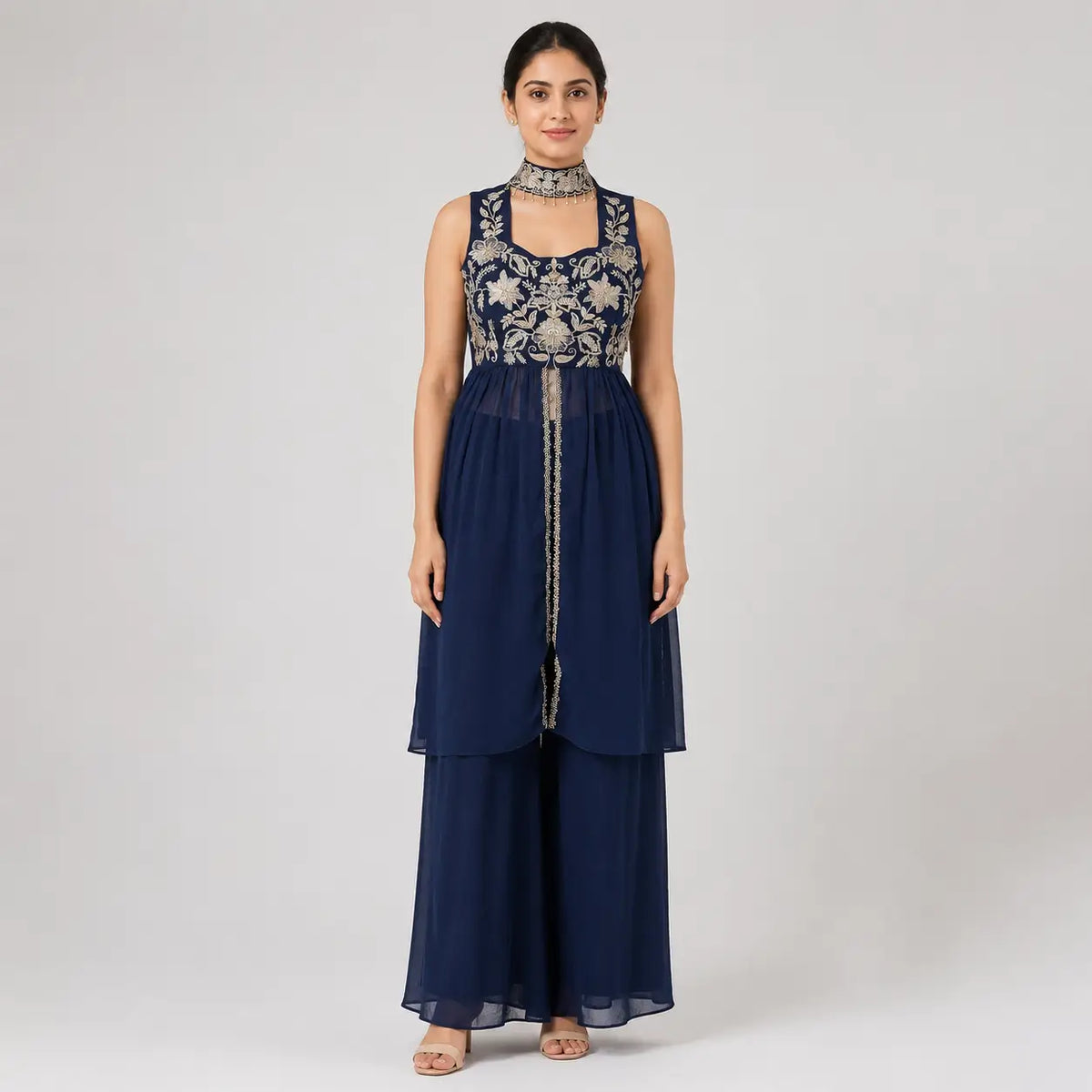 Navy Rangoli Crush Embroidered Peplum Palazzo Set