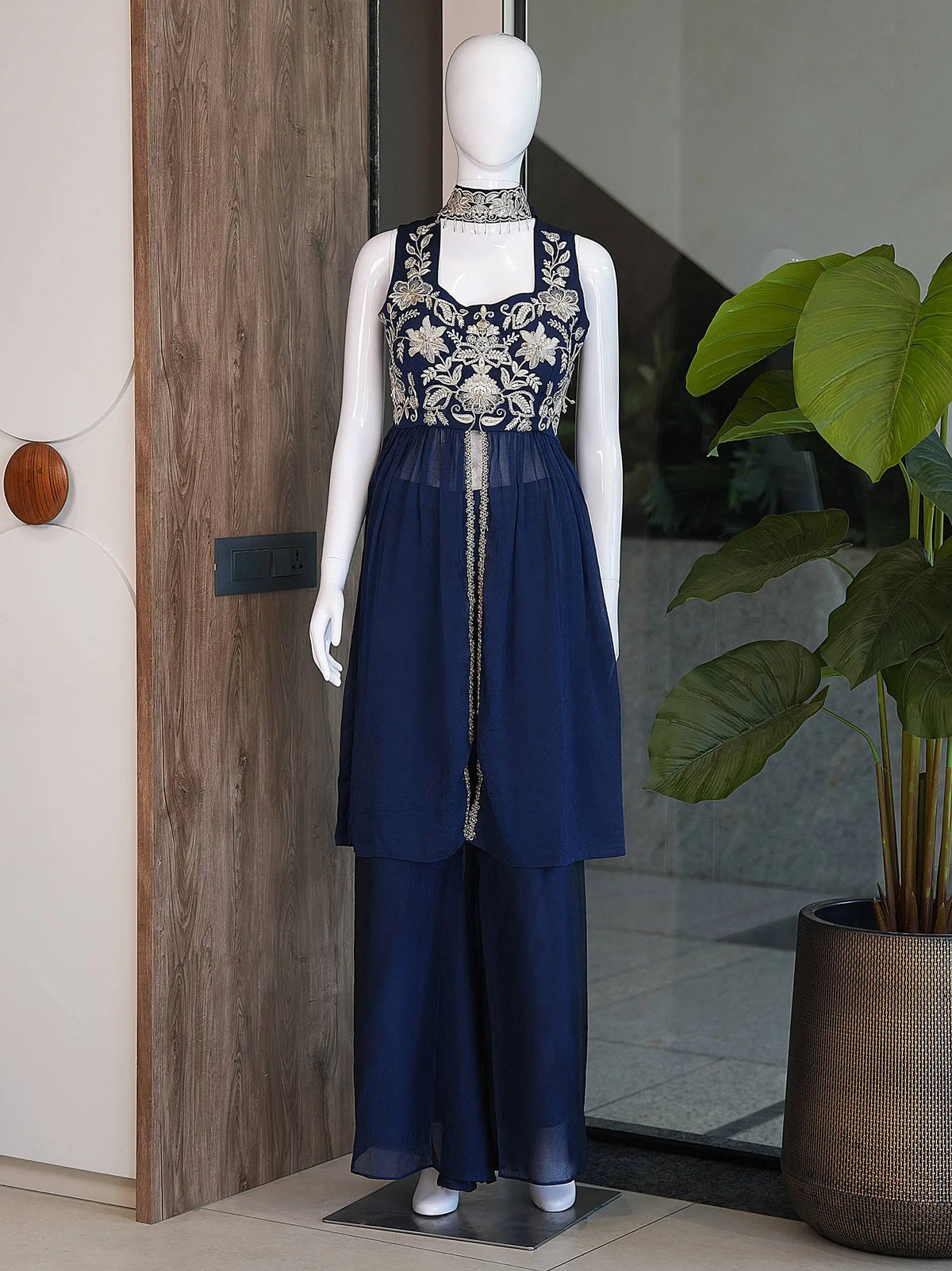 Navy Rangoli Crush Embroidered Peplum Palazzo Set
