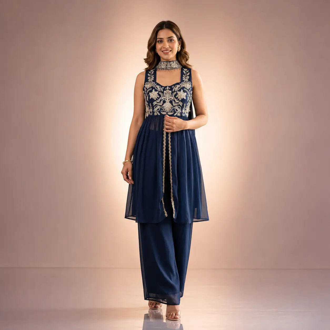Navy Rangoli Crush Embroidered Peplum Palazzo Set