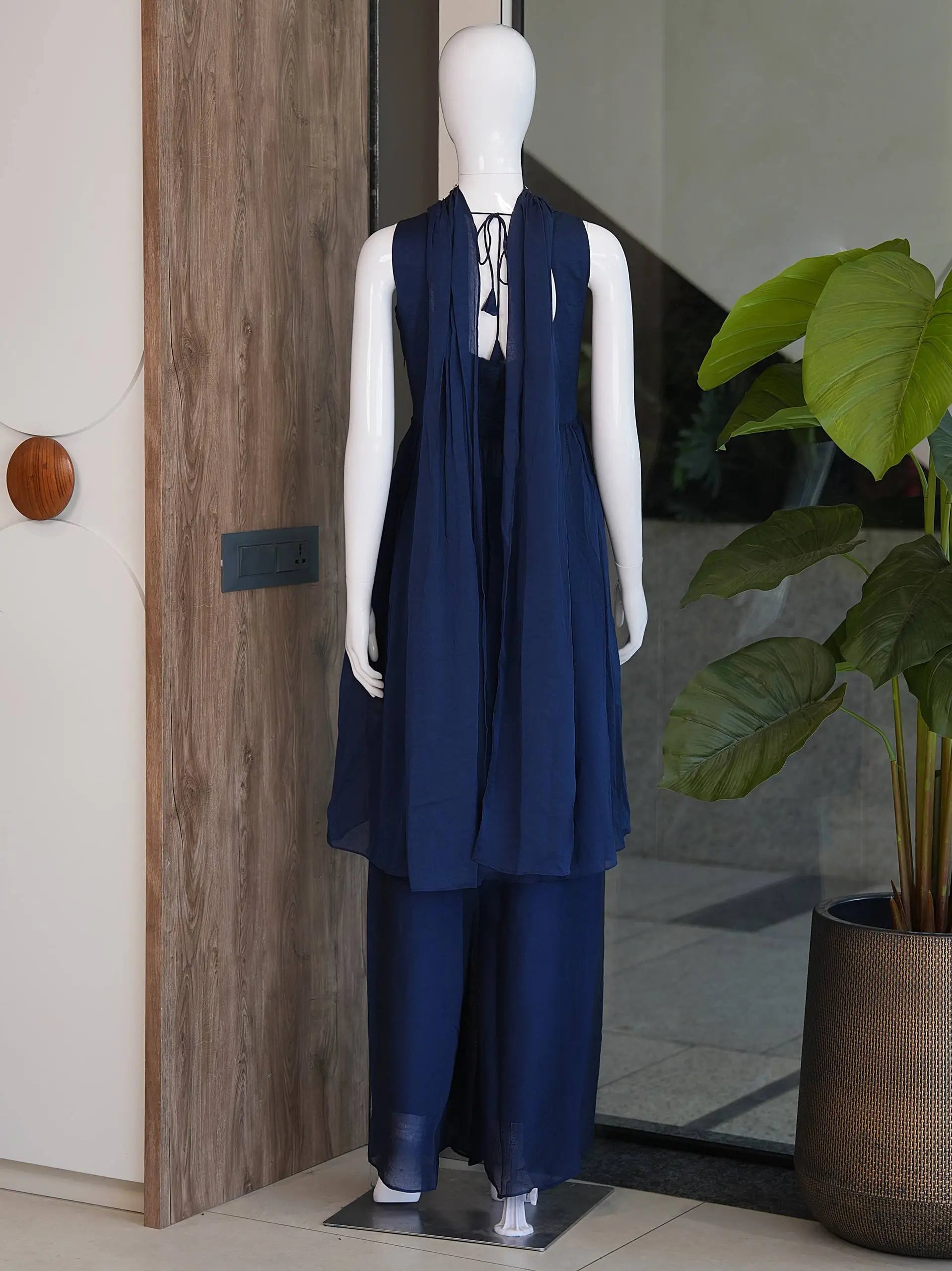 Navy Rangoli Crush Embroidered Peplum Palazzo Set