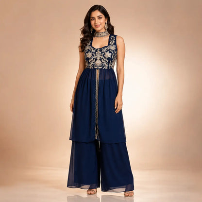 Navy Rangoli Crush Embroidered Peplum Palazzo Set