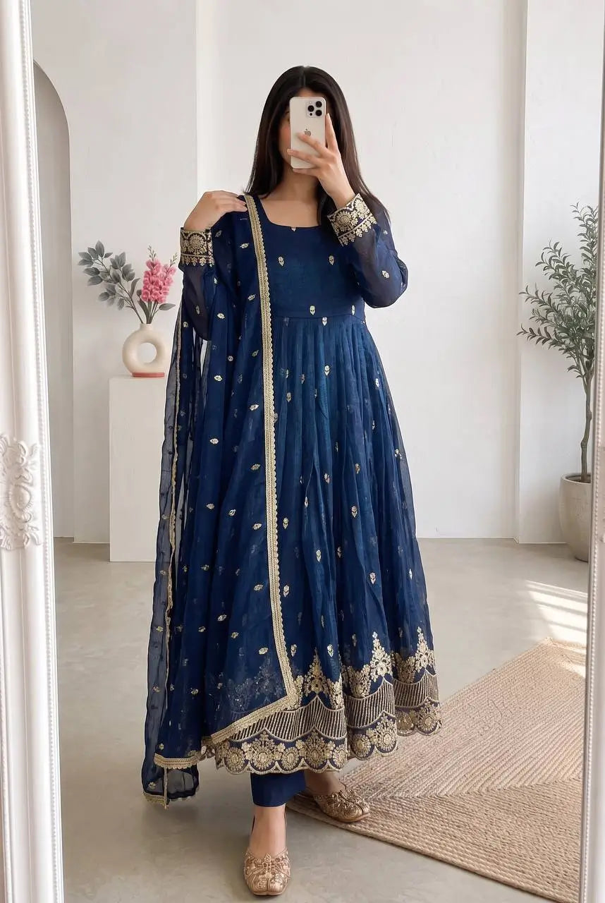 Navy Sequin Booti Anarkali Gown