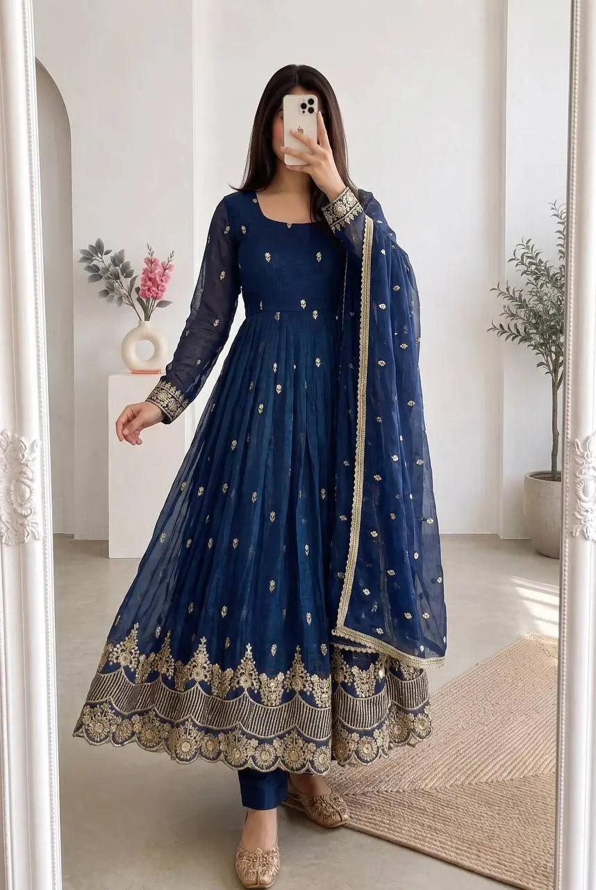 Navy Sequin Booti Anarkali Gown