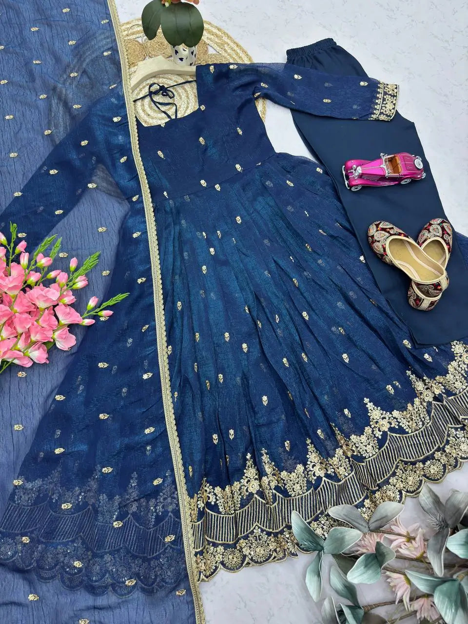 Navy Sequin Booti Anarkali Gown