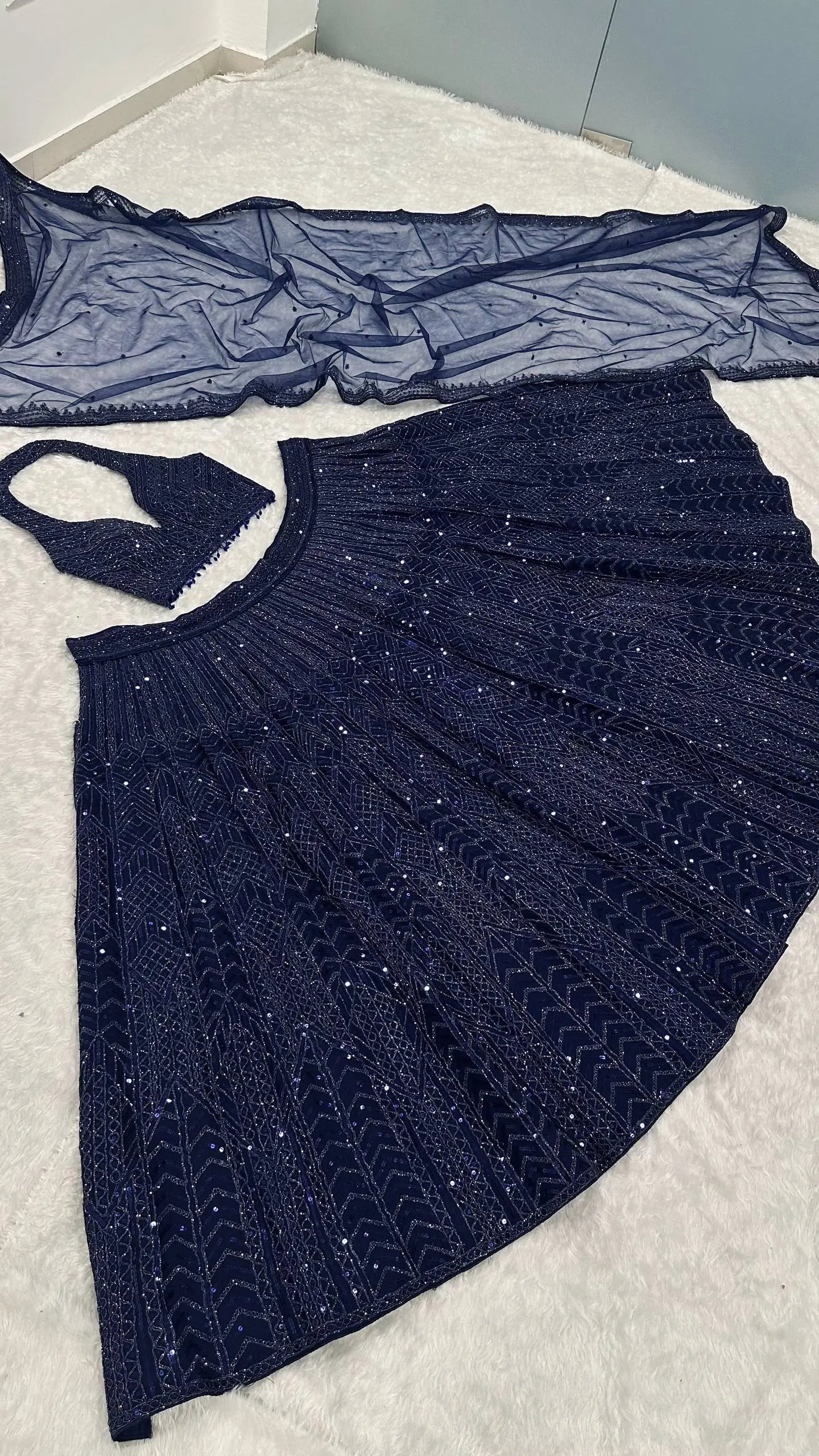 Net Sequins Embroidered Lehenga Set with Dupatta