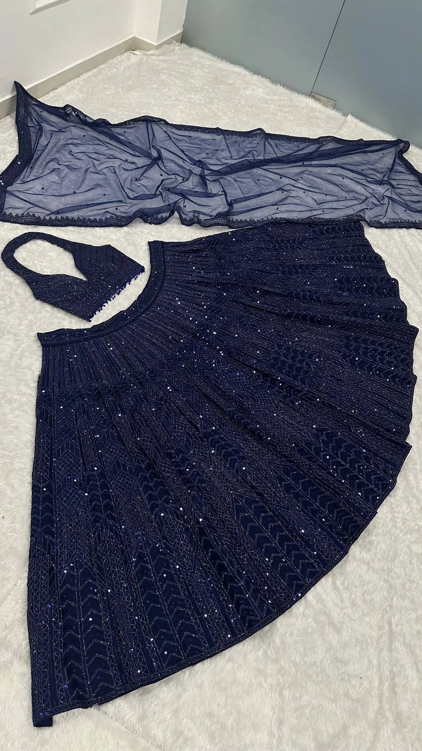 Net Sequins Embroidered Lehenga Set with Dupatta