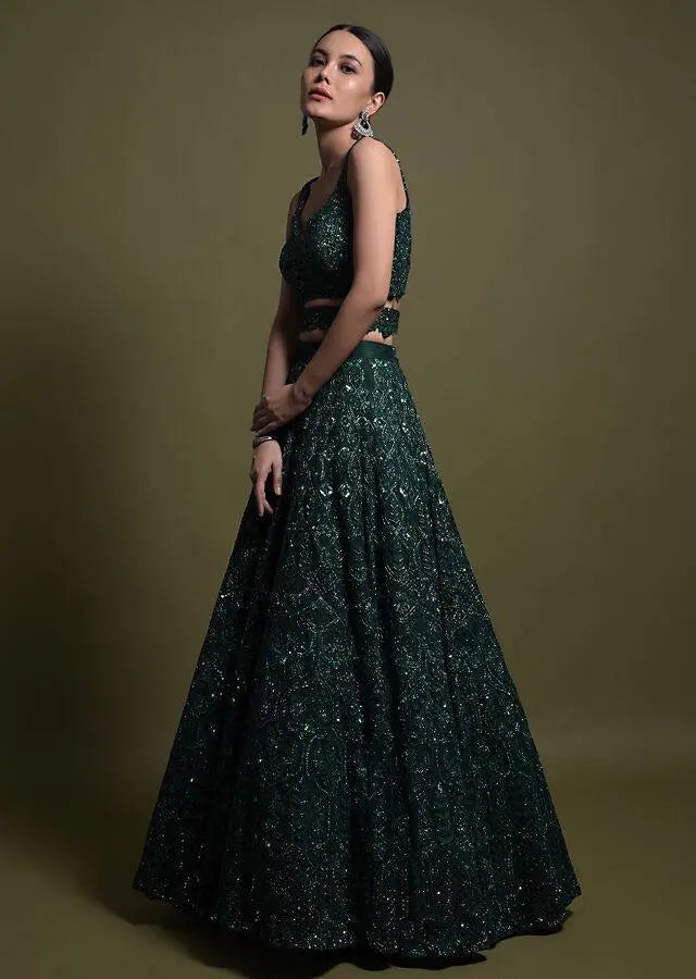 Net Sequins Embroidered Lehenga Set with Thai Silk Blouse