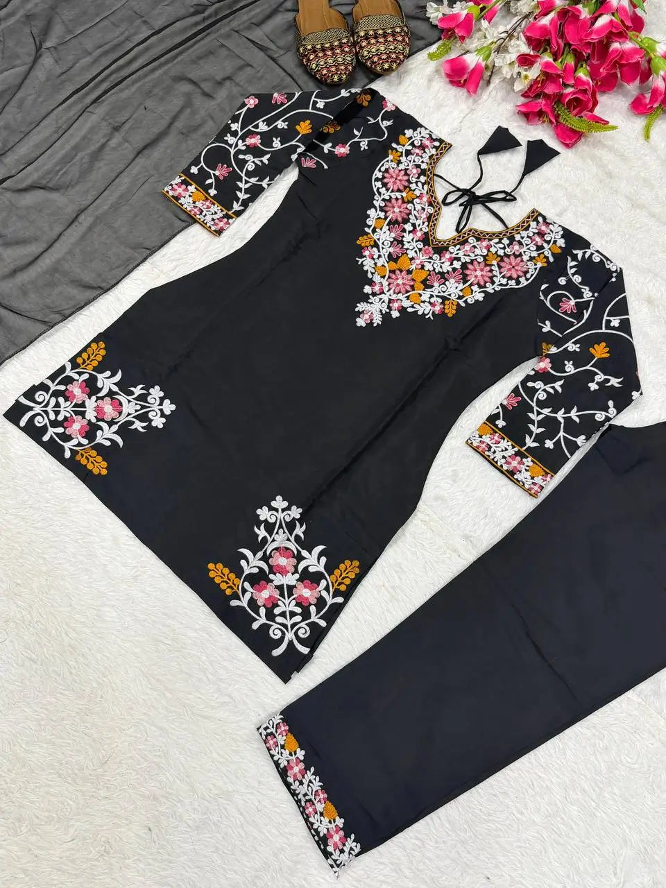 Noir Bloom Embroidered Roman Silk Kurta Set for Festive and Casual Elegance