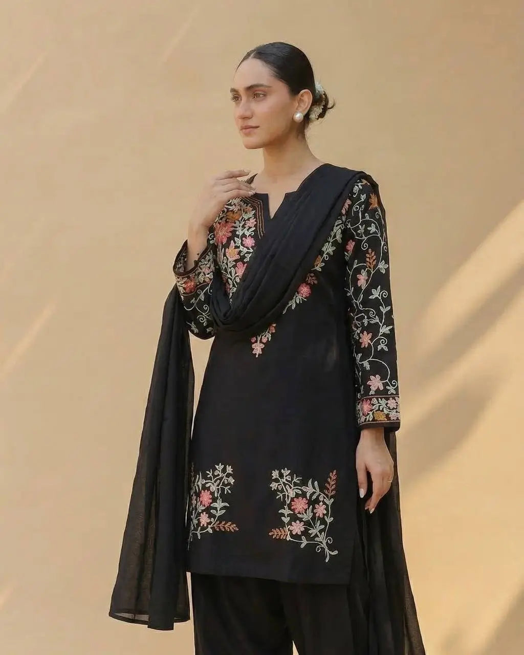 Noir Bloom Embroidered Roman Silk Kurta Set for Festive and Casual Elegance