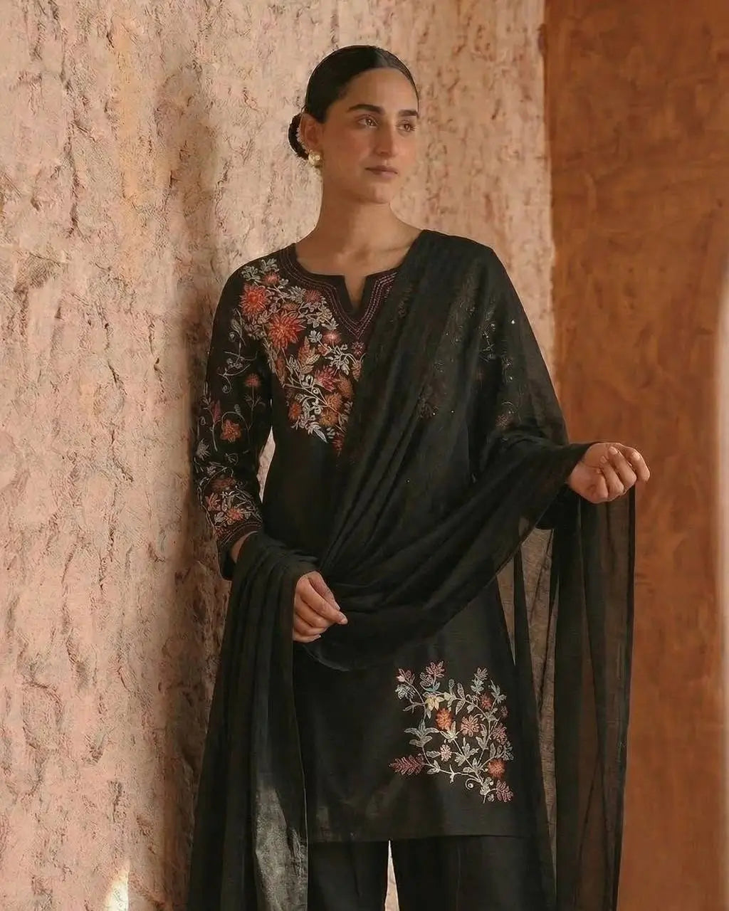 Noir Bloom Embroidered Roman Silk Kurta Set for Festive and Casual Elegance