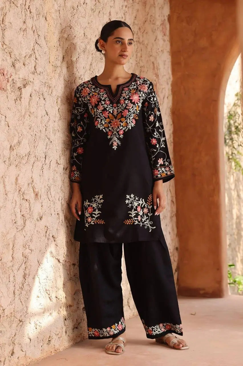Noir Bloom Embroidered Roman Silk Kurta Set for Festive and Casual Elegance