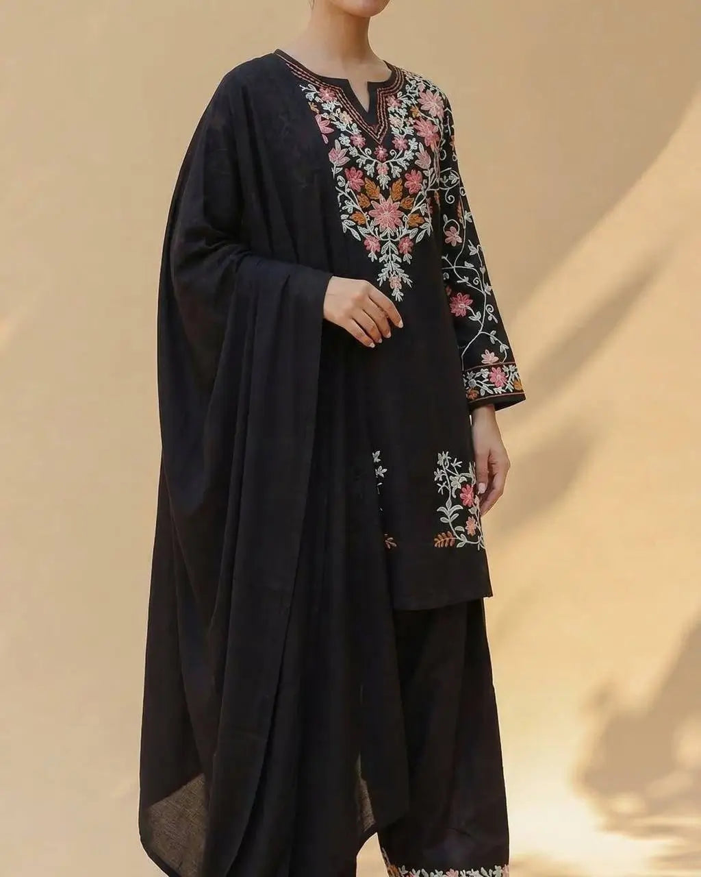 Noir Bloom Embroidered Roman Silk Kurta Set for Festive and Casual Elegance