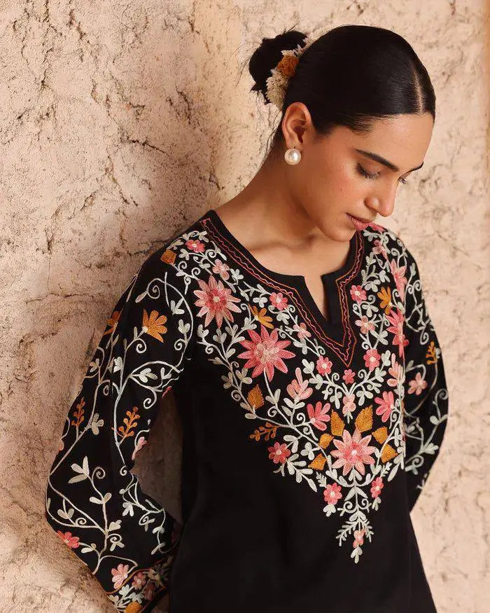 Noir Bloom Embroidered Roman Silk Kurta Set for Festive and Casual Elegance