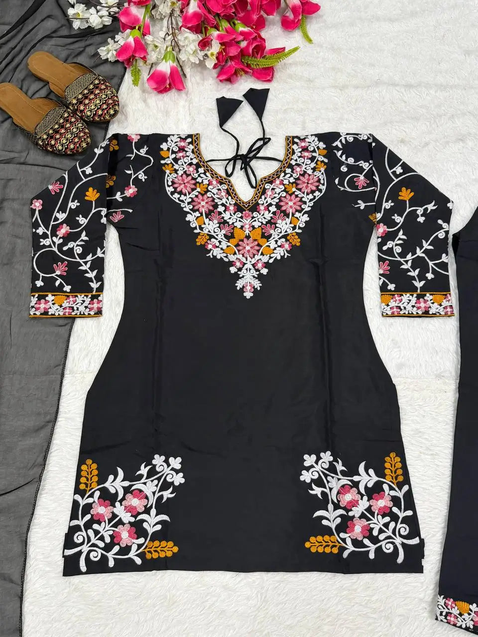 Noir Bloom Embroidered Roman Silk Kurta Set for Festive and Casual Elegance