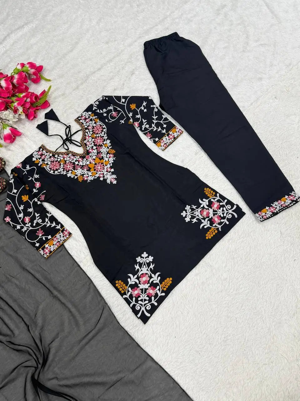 Noir Bloom Embroidered Roman Silk Kurta Set for Festive and Casual Elegance