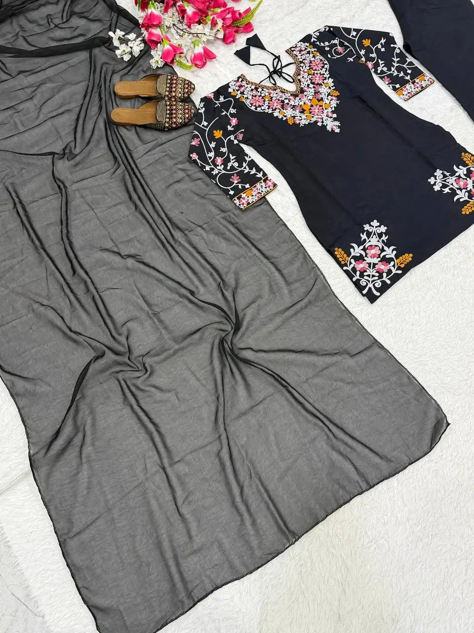 Noir Bloom Embroidered Roman Silk Kurta Set for Festive and Casual Elegance