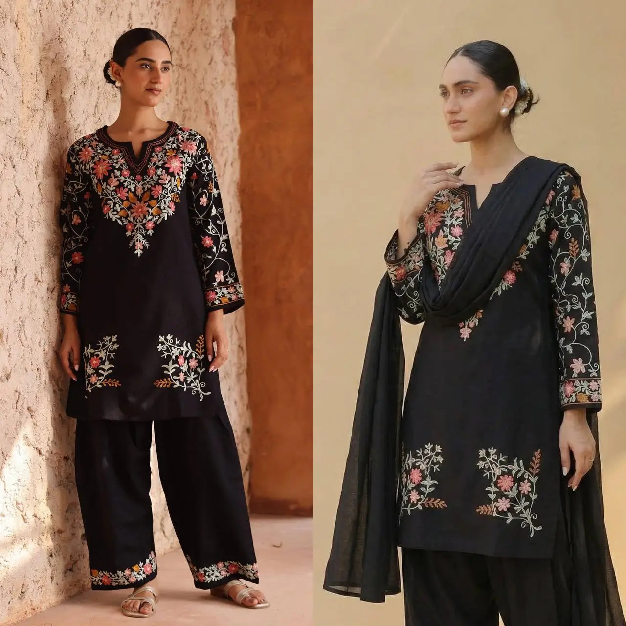 Noir Bloom Embroidered Roman Silk Kurta Set for Festive and Casual Elegance