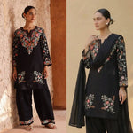Noir Bloom Embroidered Roman Silk Kurta Set for Festive and Casual Elegance