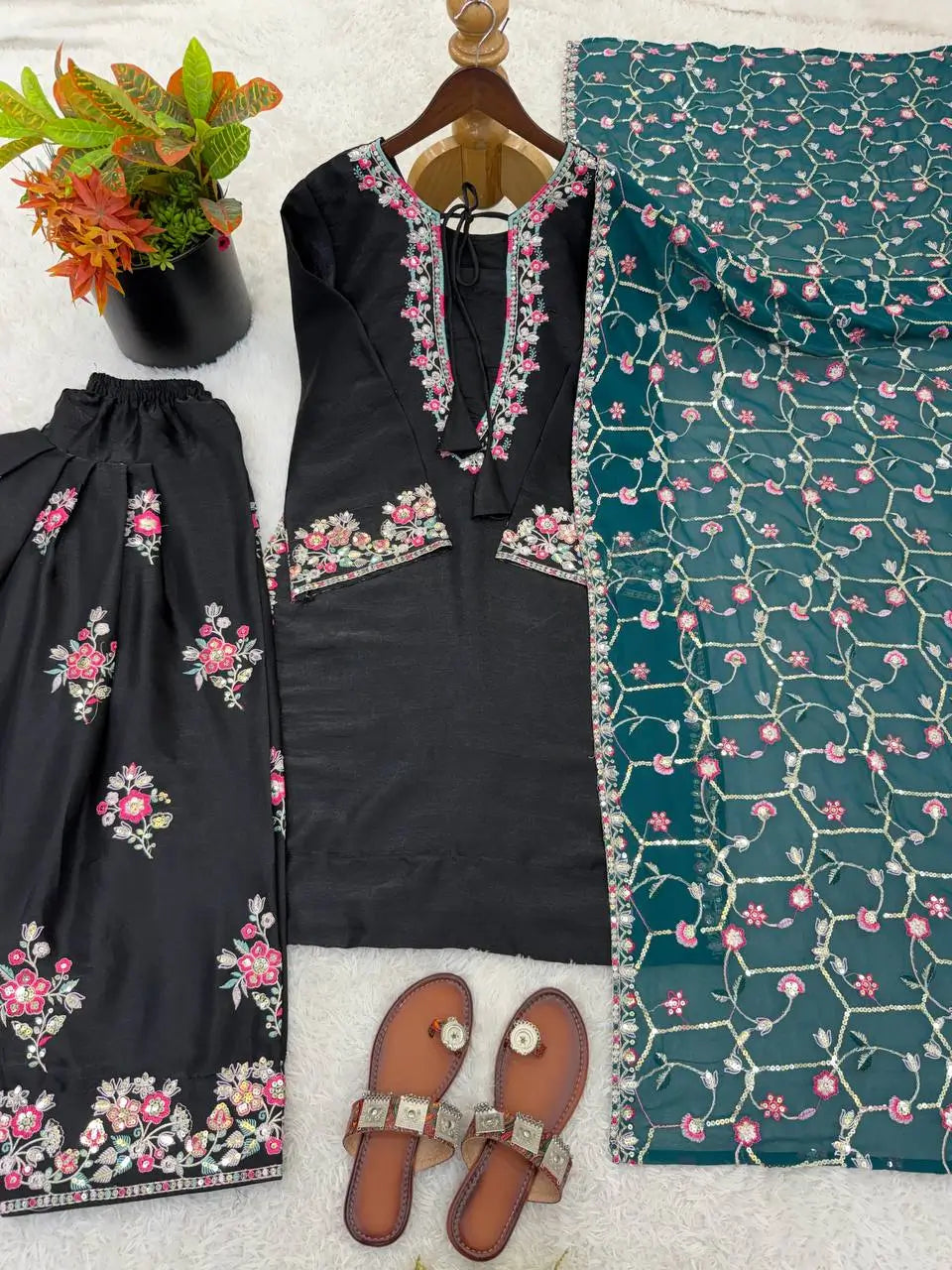 Noir Elegance Embroidered Silk Kurta Set with Dupatta for Festive and Wedding Wear