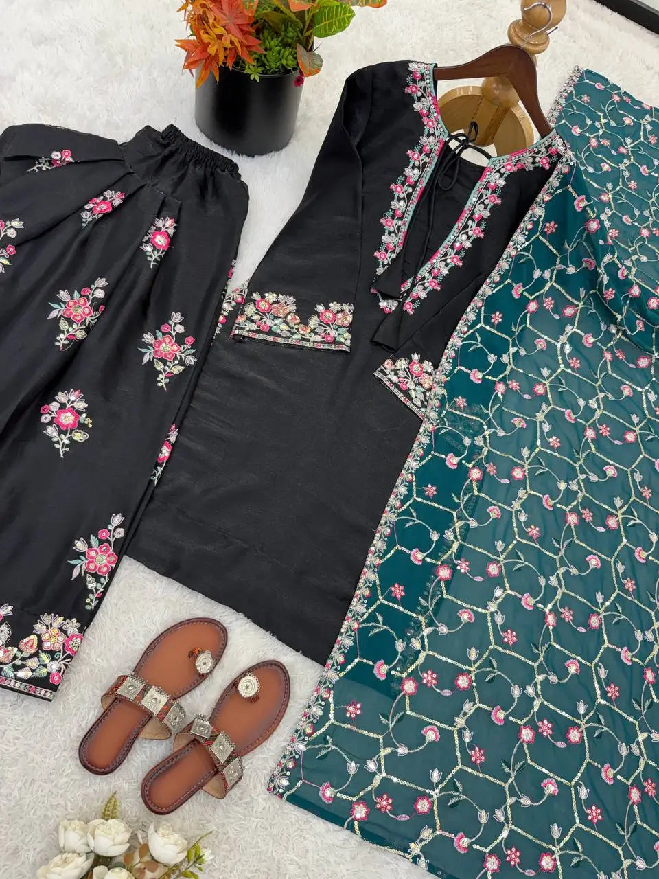 Noir Elegance Embroidered Silk Kurta Set with Dupatta for Festive and Wedding Wear