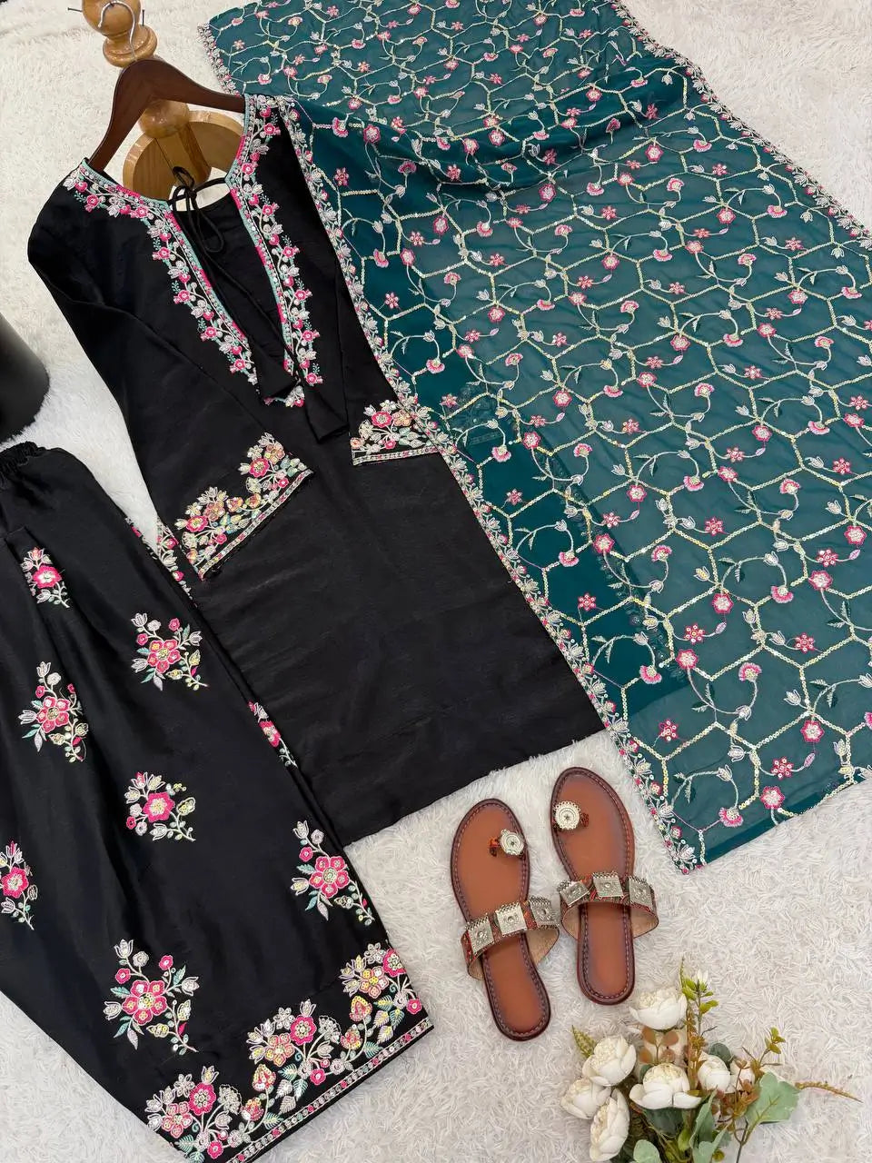 Noir Elegance Embroidered Silk Kurta Set with Dupatta for Festive and Wedding Wear