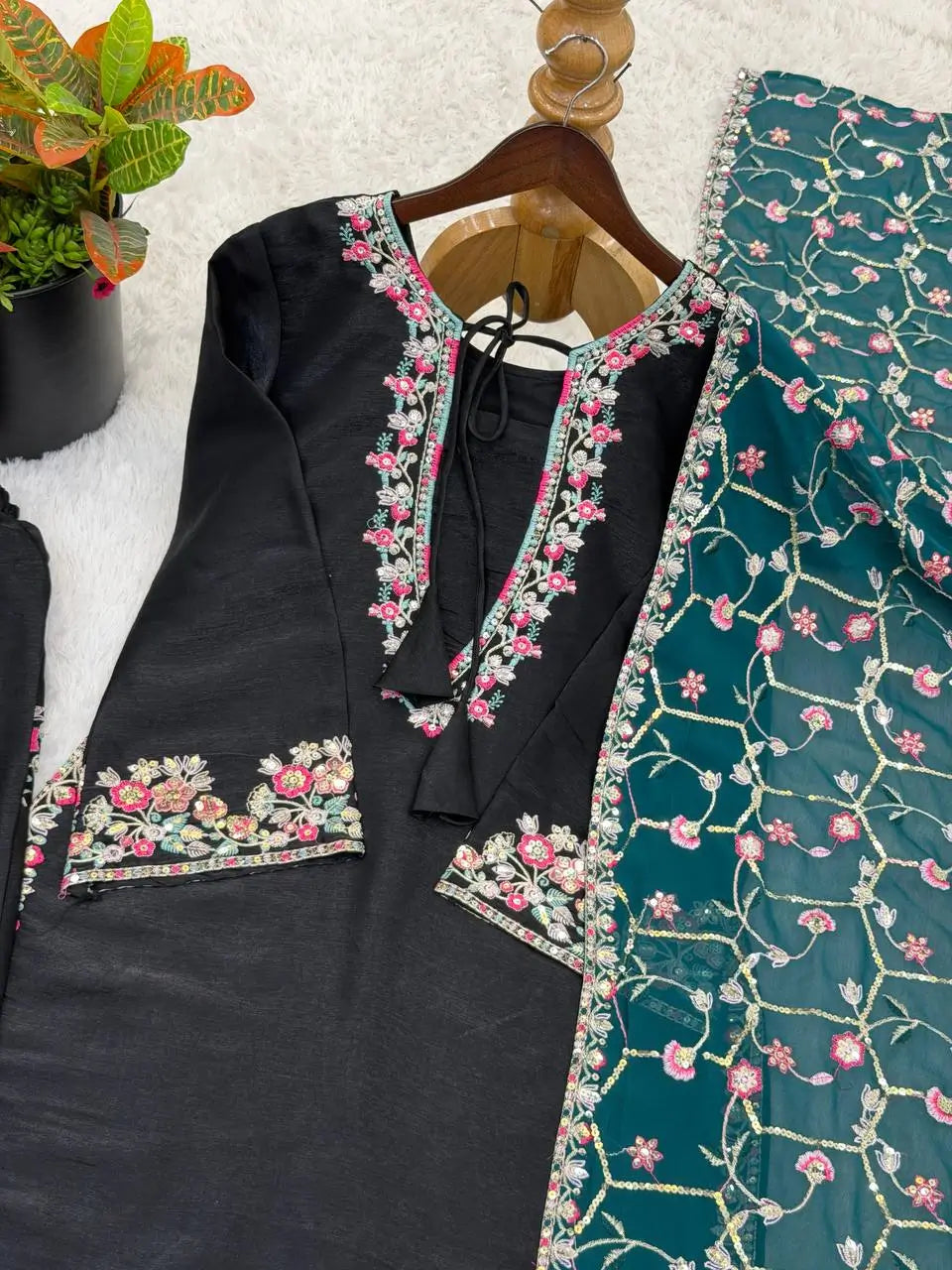 Noir Elegance Embroidered Silk Kurta Set with Dupatta for Festive and Wedding Wear